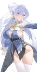  1girl absurdres blue_dress breasts cleavage closed_mouth commentary dress grey_hair happy05x highres large_breasts long_hair looking_at_viewer mole mole_on_breast mole_under_mouth simple_background smile solo thighhighs twitter_username velina_airgid white_background white_thighhighs zenless_zone_zero 