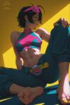  1girl abs ai-assisted antenna_hair aqua_pants bare_shoulders barefoot belt belt_buckle black_hair breasts buckle commentary dark earrings eyewear_on_head feet fingernails foot_focus hand_on_own_knee high_collar highres jewelry jubilee light_particles long_bangs long_fingernails looking_to_the_side marvel marvel_rivals messy_hair midriff muscular muscular_female nail_polish navel on_floor pants parted_lips pink-tinted_eyewear prixmal scar scar_on_ribs scar_on_stomach shadow sharp_fingernails short_hair sideboob signature silver_earrings slit_pupils small_breasts soles solo superhero_costume tinted_eyewear toenail_polish toenails wrinkled_fabric x-men yellow_background yellow_belt yellow_eyes yellow_nails zipper 