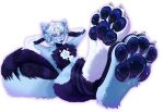 anthro blue_body blue_fur claws constellation constellation_markings ears_up eyes_closed eyewear feet felid feline foot_focus fur glasses hair hands_behind_head hi_res male mammal markings nebula pawpads paws short_hair simple_background sitting solo star_(marking) tongue tongue_out vulpixxeon wearing_glasses white_background white_body white_fur white_hair