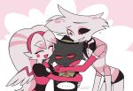 4_arms angel angel_dust arachnid arackniss_(hazbin_hotel) arthropod brother_(lore) brother_and_sister_(lore) brothers_(lore) clothed clothing demon enaic31 english_text eyes_closed feathered_wings feathers female group group_hug hazbin_hotel hellaverse hi_res hug hugging_another humanoid male molly_(hazbin_hotel) multi_arm multi_limb sibling_(lore) simple_background sister_(lore) speech_bubble spider text trio white_background wings