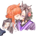 2girls 3026233904yin air_groove_(remembering_the_flowers_of_kyoto)_(umamusume) air_groove_(umamusume) animal_ears blue_eyes blush brown_hair closed_eyes ear_cover_removed flower hair_flower hair_ornament highres holding holding_removed_eyewear horse_ears horse_girl japanese_clothes kimono kiss multiple_girls orange_hair petals silence_suzuka_(umamusume) umamusume unworn_eyewear white_background yuri 