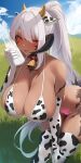  1girl animal_ear_hairband animal_ears animal_print au_ra bare_shoulders bell bikini black_horns black_scales blue_sky blush bottle breasts cleavage cloud cloudy_sky collar commentary_request commission cow_ear_hairband cow_ears cow_horns cow_print cow_print_bikini cow_print_thighhighs cowbell dragon_girl dragon_horns dragon_tail elbow_gloves fake_animal_ears fake_horns final_fantasy final_fantasy_xiv gloves grass hair_between_eyes hairband hand_on_own_knee hand_up hanging_breasts highres holding holding_bottle horns huge_breasts leaning_forward long_hair looking_at_viewer low_horns milk_bottle miriam_sigelinde_(miriam_nm7nw) neck_bell open_mouth original outdoors ponytail print_bikini print_thighhighs pubic_tattoo red_collar red_eyes scales shhilee sidelocks skeb_commission skindentation sky smile solo sweat swimsuit tail tattoo thick_thighs thighhighs thighs very_long_hair warrior_of_light_(ff14) 