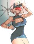  1girl absurdres arm_up armpits bare_shoulders blue_hat breasts cleavage commentary_request cowboy_shot dress facing_viewer genderswap genderswap_(mtf) hat highres holding holding_umbrella humanization large_breasts mask mouth_mask pencil_dress see-through_cleavage see-through_clothes short_dress short_hair sleeveless sleeveless_dress solo soundwave_(transformers) sun_glare sunglasses sunlight tatamintatamin transformers umbrella visor_cap white_hair wristband 