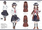 bow brown_eyes brown_hair character_sheet collared_shirt e.o. hat hat_bow juliet_sleeves kneehighs long_sleeves looking_at_viewer multiple_views necktie open_mouth puffy_sleeves sash shirt short_hair skirt striped striped_legwear touhou translation_request trench_coat usami_renko white_bow 