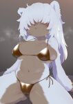 2023 anthro big_breasts bikini bikini_bottom bikini_top biped blush bodily_fluids breasts breath brown_body brown_countershading camel_toe clothed clothed_anthro clothed_female clothing countershading curvy_figure digital_drawing_(artwork) digital_media_(artwork) female female_anthro front_view fur gold_bikini hair hair_over_eyes hi_res long_hair monotone_hair multicolored_body multicolored_fur navel open_mouth open_smile shaded skimpy smile soft_shading solo straight_hair sweat swimwear tenyati two-piece_swimsuit two_tone_body two_tone_fur white_body white_fur white_hair yeti