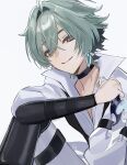  1boy belt belt_collar black_belt black_gloves choker collar collared_shirt crossed_bangs double-parted_bangs earrings elbow_on_knee fingerless_gloves genshin_impact gloves green_hair grin hair_between_eyes hair_intakes highres holding holding_knife holding_weapon jewelry knife lapels lohen_(genshin_impact) lohen_(standardized_test)_(genshin_impact) looking_at_viewer male_focus mole mole_under_eye multicolored_eyes official_alternate_costume open_collar pants ririka_7777 shirt short_hair single_earring sitting smile solo thigh_strap vest waistcoat weapon white_background white_pants white_shirt 