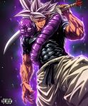  1boy absurdres arm_up artist_logo black_shirt ch_nadhir closed_mouth commentary cosplay dragon_ball dragon_ball_super fushiguro_toji fushiguro_toji_(cosplay) grey_hair highres holding holding_sword holding_weapon instagram_username inventory_curse_(jujutsu_kaisen) jujutsu_kaisen logo looking_at_viewer male_focus muscular muscular_male over_shoulder pants saiyan serious shirt short_sleeves solo son_goku spiked_hair split_soul_katana_(jujutsu_kaisen) sword sword_over_shoulder twitter_username ultra_instinct weapon weapon_over_shoulder white_pants 