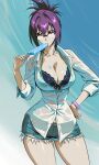  1girl alternate_costume alternate_hairstyle bespectacled bikini bikini_under_clothes black-framed_eyewear black_bikini breasts casual cleavage commentary commission cowboy_shot fate/grand_order fate_(series) folded_ponytail food food_in_mouth food_on_body food_on_breasts glasses hand_on_own_hip highres holding holding_food holding_popsicle large_breasts long_hair looking_to_the_side melting_popsicle popsicle popsicle_in_mouth scathach-skadi_(fate) scathach_(fate) semi-rimless_eyewear shirt short_shorts shorts solo swimsuit wet wet_clothes wet_shirt white_shirt zantyarz 