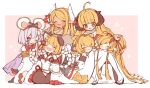  6+girls :3 :d ahoge andira_(granblue_fantasy) anila_(granblue_fantasy) animal_ears bare_shoulders blonde_hair blush braid breasts brooch cleavage closed_eyes commentary_request dark-skinned_female dark_skin detached_sleeves dog_ears draph erune fake_animal_ears granblue_fantasy grey_hair hair_ornament hairband harvin headpat heart heart_brooch highres horns jewelry k0bo43 kumbhira_(granblue_fantasy) large_breasts long_hair mahira_(granblue_fantasy) monkey_ears mouse_ears multiple_girls one_eye_closed open_mouth pantyhose pink_background pointy_ears red_eyes sheep_horns short_eyebrows short_hair simple_background sitting skirt sleeping smile thick_eyebrows vajra_(granblue_fantasy) vikala_(granblue_fantasy) white_hair white_skirt wide_sleeves 