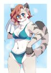 anthro blush bodily_fluids breasts cleavage clothed clothing clothing_pull colored_edge_panties colored_edge_underwear domestic_cat felid feline felis female front_view fur grey_body grey_fur hi_res looking_at_viewer mammal markings midriff panties panty_pull solo standing striped_markings stripes sweat sweaty_clothing towel underwear underwear_only underwear_pull unousaya wiping_sweat