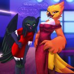 1:1 4_fingers aideen_tivfade amber_(catastic96) anthro artist_name asking avian avian_feet bar beak bedroom_eyes big_breasts biped bird black_beak black_body black_claws black_feathers black_hair breasts caique cheek_tuft claws cleavage clothed clothed_anthro clothed_female clothing countershading detailed detailed_background dialogue digital_drawing_(artwork) digital_media_(artwork) dress duo english_text eyebrows eyelashes facial_tuft feather_hair feather_hands feather_tuft feathered_arms feathered_tail feathered_wings feathers feet female fingers flirting floor folded_wings front_view fully_clothed gesture green_body green_feathers green_hair grey_beak hair half-closed_eyes hand_on_hip hand_on_leg hand_on_own_hip hand_on_thigh hands_on_hips hi_res inside kathiana_art leaning leaning_forward light lighting long_hair looking_at_another looking_at_viewer meme multicolored_body multicolored_feathers narrowed_eyes neotropical_parrot nightclub open_beak open_mouth open_smile orange_body orange_eyes orange_feathers owl parrot party pink_tongue pose pseudo_hair question raised_eyebrow red_clothing red_dress red_eyes red_topwear scuted_arms scuted_legs scutes seductive shaded signature simple_background slit_dress smile smiling_at_viewer smirk smug speech_bubble stage standing tail tail_feathers talking_to_another talking_to_viewer talons teasing text toes tongue topwear true_parrot tuft two_tone_body two_tone_feathers wall_(structure) white-bellied_caique white_body white_feathers wide_hips winged_arms wings wood wood_floor yellow_body yellow_feathers