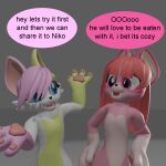 anthro big_ears domestic_cat felid feline felis female hair hybrid long_hair male mammal melly_(nikoransfw) multicolored_body nikora_(nikoransfw) nikoransfw pawpads pink_hair tail
