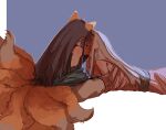 2girls animal_ears blue_background blush cho_kaguya-hime! commentary extra_tails fox_ears fox_girl fox_tail grey_hair japanese_clothes kimono kiss kitsune kyuubi long_hair multiple_girls multiple_tails off_shoulder pink_kimono purple_hair runami_yachiyo sakayori_iroha sit_north sweat tail two-tone_background untranslatable_commentary white_background yuri 