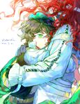  1boy 1girl absurdres aleph_(reverse:1999) black_gloves black_mask black_vest brown_hair cape chinese_commentary commentary_request covered_face dated dongfang_shuyechu floating_hair from_side gloves green_cape green_eyes green_hat hat highres hug long_hair mask mutual_hug newsboy_cap recoleta_(reverse:1999) red_hair reverse:1999 shirt short_hair upper_body vest white_background white_shirt 