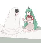  2girls :3 animal_ears apron black_eyes black_hair blush_stickers bowl bright_pupils closed_mouth cloud_print collared_shirt commentary curly_hair english_commentary green_eyes green_hair grey_apron hakurei_reimu highres holding holding_bowl holding_spoon horns komainu_girl komano_aunn long_hair looking_at_another mata_(matasoup) multiple_girls on_bed paw_print paw_print_pattern profile red_shirt ribbon-trimmed_shirt ribbon_trim rice_porridge runny_nose seiza shirt short_sleeves sick simple_background single_horn sitting smile snot spoon steam thick_eyebrows touhou trembling very_long_hair white_background white_pupils wrapped_in_blanket 