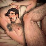  1boy absurdres armpits bara beard_stubble black_hair blubullaye commentary completely_nude english_commentary excessive_armpit_hair facial_hair feet_out_of_frame highres large_pectorals legs_up licking_own_arm looking_at_viewer lying male_focus mature_male muscular muscular_male mustache_stubble nipples nude oc_(gflex00) on_back on_bed original pectorals saliva solo stubble thick_arm_hair thick_chest_hair thick_eyebrows thick_leg_hair very_hairy 