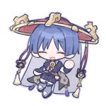 1boy arm_at_side armor ball_hands black_sandals black_shorts black_sleeves blunt_ends chibi chibi_only choppy_bangs closed_eyes commentary_request eyeliner facing_viewer furisode genshin_impact gold gold_trim grey_hair grey_outline grey_veil hand_up happy hat highres japanese_armor japanese_clothes jingasa kimono kote kurokote layered_shorts layered_sleeves makeup male_focus nontan_4242 open_mouth outline purple_rope purple_shirt purple_sleeves red_eyeliner red_hat rope sandals scaramouche_(genshin_impact) shimenawa shirt short_sleeves shorts solo tassel toeless_legwear twitter_username veil white_background white_rope zouri 