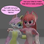 3d_(artwork) anthro big_ears big_maw blender_(artwork) digital_media_(artwork) dinosaur domestic_cat felid feline felis female hair hybrid long_hair male mammal melly_(nikoransfw) multicolored_body nikora_(nikoransfw) nikoransfw pawpads pink_hair plushie prehistoric_species reptile scalie shadow speech_bubble tail