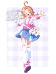 1girl ahoge akechi_anna bag beret blue_skirt bow closed_eyes double_bun facing_viewer footwear_bow full_body hair_bow hair_bun hat highres huge_ahoge jewelry long_sleeves medium_hair meitantei_precure! necklace open_mouth orange_hair outstretched_arm outstretched_arms parted_bangs pink_bow pink_shirt pink_shoes pochi-tan precure purple_hat serizawa_serizane shirt shoes shoulder_bag skirt smile solo spread_arms standing thighhighs white_thighhighs yume_kawaii 