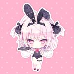  1girl absurdres animal_ear_hairband animal_ears black_hairband black_leotard black_ribbon black_shoes blush bow bowtie chibi chibi_only closed_mouth cocktail_glass covered_navel cup drinking_glass fake_animal_ears food footwear_bow frilled_ribbon frills fruit full_body hair_ribbon hairband hand_on_own_hip heart heart-shaped_pupils highres holding holding_tray lace_hairband lemon lemon_slice leotard looking_at_viewer meng_li_shui_jiao mole mole_under_mouth original outline pink_background pink_eyes pink_hair polka_dot polka_dot_background rabbit_ear_hairband rabbit_ears red_bow red_bowtie ribbon shoes short_hair solo standing symbol-shaped_pupils thigh_strap tray two_side_up white_outline wrist_cuffs 