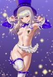  1girl albino apron armpits blush breasts commentary detached_collar detached_sleeves double_v frilled_apron frilled_sleeves frilled_thighhighs frills grin hat heart_pasties highres ingrid_(capcom) ingrid_(midnight_bliss)_(capcom) long_hair looking_at_viewer navel no_panties open_mouth pasties red_eyes small_breasts smile solo standing standing_on_one_leg street_fighter street_fighter_6 taka-michi thighhighs top_hat v waist_apron white_apron white_hair white_thighhighs 