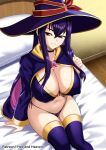  1girl black_collar black_hat breasts closed_mouth collar commentary hat hellandheaven highres large_breasts long_hair multicolored_hair on_bed panties pink_hair purple_hair red_eyes sentai_red_isekai_de_boukensha_ni_naru smile solo two-tone_hair underwear yihdra_arvoln 