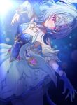  1girl ballerina bare_shoulders blue_gem blue_hair blush breasts cleavage commentary_request gem genshin_impact hair_between_eyes hair_ornament heart_ornament highres odette_(genshin_impact) parted_lips purple_eyes red_gem small_breasts solo strapless upper_body yosimi_15 