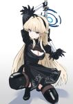  1girl 2b_(nier:automata) 2b_(nier:automata)_(cosplay) black_dress blonde_hair blue_archive blue_eyes blue_halo blue_streaks boots breasts cleavage_cutout clothing_cutout commentary_request cosplay dress feather-trimmed_sleeves feather_trim halo highres holding holding_sword holding_weapon ishikawa_yui juliet_sleeves kamiyamatokino katana kneeling long_hair long_sleeves looking_at_viewer multicolored_hair no_blindfold puffy_sleeves solo streaked_hair sword thighhighs thighhighs_under_boots toki_(blue_archive) voice_actor_connection weapon 