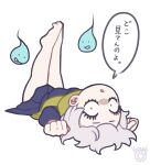  1girl artist_name barefoot blue_serafuku check_translation commentary_request constricted_pupils deformed hitodama kozushi623 legs_up let's_go_kaikigumi looking_at_viewer lying mechako_(let's_go_kaikigumi) messy_hair on_back onibi_(let's_go_kaikigumi) partial_commentary pleated_skirt red_eyes sanpaku scarf school_uniform serafuku short_hair signature simple_background skirt translation_request upside-down white_background wide-eyed yellow_scarf 
