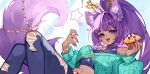  1girl animal_ears blue_eyes bracelet breasts butterfly_hair_ornament cardigan cat_ears cha_cha_(vtuber) cleavage crop_top cutiepie_(cha_cha) dark-skinned_female dark_skin elf_exar fangs green_cardigan hair_ornament highres indie_virtual_youtuber jewelry large_breasts long_hair mole mole_under_mouth navel_piercing open_mouth pants piercing ponytail purple_hair purple_nails solo star_(symbol) tail tail_ornament torn_clothes torn_pants virtual_youtuber 