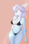 anthro autumnsnoise bikini black_bikini black_clothing black_swimwear bone_frill breasts claws clothed clothed_anthro clothed_female clothing colored digital_media_(artwork) elbow_feathers fang_(gvh) female finger_claws fingers frill_(anatomy) front_view goodbye_volcano_high grey_hair hair hi_res humanoid_hands ko_op_(game_developer) long_hair looking_at_viewer markings medium_breasts midriff navel non-mammal_breasts non-mammal_navel orange_background portrait prehistoric_species pterosaur red_eyes reptile scalie shaded short_tail simple_background smile solo striped_markings stripes swimwear tail three-quarter_portrait two-piece_swimsuit wide_hips