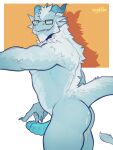 3:4 absurd_res anthro blue_body blue_horn blue_penis bodily_fluids claws cum deaddragonp dragon erection eyewear eyewear_only ferinix fur furred_dragon furred_scalie genital_fluids genitals glans glasses glasses_only hi_res horn humanoid_genitalia humanoid_penis leaking_cum looking_at_viewer male mythological_creature mythological_scalie mythology nude penis scalie smile smirk solo standing turned_away wearing_glasses