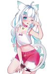  1girl ahoge animal_ears blue_eyes blue_streaks braid breasts camisole cat_ears cat_girl cat_tail collar commentary densetsu.exe dolphin_shorts frilled_camisole frilled_straps frills gradient_hair green_hair hair_ornament highres long_hair low_twin_braids mint_fantome mint_fantome_(otaku) multicolored_hair navel one_eye_closed open_mouth pink_collar pink_shorts pink_streaks shalfeychan shorts small_breasts solo streaked_hair tail twin_braids virtual_youtuber white_background white_hair x_hair_ornament 