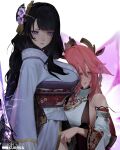  2girls absurdres animal_ears black_hair breasts commentary detached_sleeves english_commentary fox_ears fox_tail genshin_impact hair_between_eyes highres holding holding_sword holding_weapon image_warping japanese_clothes kimono large_breasts looking_at_viewer mole mole_under_eye multiple_girls musou_isshin_(genshin_impact) nontraditional_miko obi ohkurrva pink_hair purple_eyes purple_kimono purple_sash raiden_shogun sash sideboob simple_background smile sword tail weapon white_background white_sleeves yae_miko 
