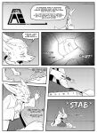 absurd_res anthro black_and_white bodily_fluids braun_(kifyun2) canid canine clothed clothing comic first_person_view fox hi_res inner_ear_fluff inside kifyun2 male mammal monochrome solo speech_bubble sweat text tuft