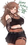  1girl absurdres ahoge black_skirt black_tank_top breasts brown_feathers brown_hair cleavage commentary earrings english_commentary feather_hair_ornament feathers fishnet_pantyhose fishnet_top fishnets grey_eyes hair_ornament happy_birthday heterochromia hexasgone highres indie_virtual_youtuber jewelry kumi_(vtuber) large_breasts long_hair looking_at_viewer navel open_mouth orange_eyes pantyhose pointy_ears scar scar_across_eye scar_on_face skirt solo stomach tank_top thighs triangle_hair_ornament virtual_youtuber white_background wide_hips x_hair_ornament 