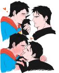  2boys batman batman_(series) black_bodysuit black_gloves black_hair blue_bodysuit blue_eyes blush bodysuit bowi4_0808 bruce_wayne cape clark_kent closed_eyes closed_mouth commentary cropped_torso dc_comics gloves heart highres hover_hand interlocked_fingers kiss looking_at_another male_focus multiple_boys profile red_cape short_hair short_sideburns sideburns sketch smile superman superman_(series) very_short_hair white_background yaoi 