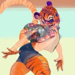 1:1 2020 anthro biped black_body black_fur black_sclera blush bottomwear claws clothed clothing collared_shirt cosmic_fur denim denim_bottomwear denim_clothing denim_shorts digital_media_(artwork) digital_painting_(artwork) dress_shirt felid fully_clothed fur gradient_background hi_res inner_ear_fluff looking_at_viewer male mammal mighty-whydah orange_body orange_fur painting_(artwork) pantherine raised_tail shirt shorts simple_background solo striped_body striped_fur stripes tail tiger topwear tuft walking whiskers white_body white_fur