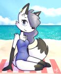 anthro beach beach_towel breasts canid canine cleavage clothed clothing cloud ear_piercing ear_ring female fox hi_res looking_at_viewer mammal piercing rafvicalv ring_piercing sea sitting sky smile smiling_at_viewer solo swimwear towel water