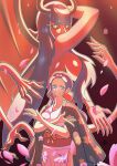  1girl absurdres black_hair blue_eyes blunt_bangs commentary costval crossed_arms demonio_fleur extra_arms eyelashes haori haori_on_shoulders highres horns japanese_clothes kimono long_hair long_neck looking_at_viewer nico_robin obi one_piece ponytail profile sash smile yellow_eyes 