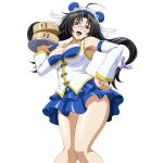  1girl :d ahoge armpits bamboo_steamer bare_shoulders black_hair blue_hairband blue_skirt breasts bun_cover chinese_clothes cleavage detached_sleeves double_bun feet_out_of_frame game_asset glasses hair_bun hair_ribbon hairband holding holding_tray ikkitousen ikkitousen_extra_burst kaku_bunwa_(ikkitousen) knees_together_feet_apart large_breasts layered_skirt long_hair long_sleeves looking_at_viewer low-tied_long_hair low_twintails non-web_source official_art open_mouth purple_ribbon red_eyes ribbon self-datamine shirt simple_background skirt sleeveless sleeveless_shirt smile solo transparent_background tray twintails underbust variant_set white_headdress white_shirt white_sleeves 