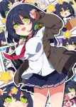  >_< 6+girls :d absurdres arm_up black_hair blue_sailor_collar blue_skirt blush breasts brown_cardigan cardigan character_request closed_mouth commentary_request cowboy_shot double-parted_bangs double_horizontal_stripe drop_shadow green_eyes hair_between_eyes headphones headphones_around_neck highres kizuna_akari kotonoha_akane kyoumachi_seika large_breasts long_sleeves microphone milkpanda miniskirt multiple_girls multiple_views necktie open_cardigan open_clothes open_mouth outline photo_(object) pleated_skirt red_necktie sailor_collar school_uniform serafuku shirt short_hair skirt smile star_(symbol) teeth touhoku_zunko upper_teeth_only vocaloid voiceroid white_outline white_shirt xd |_| 