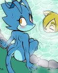 2026 anthro athletic athletic_anthro athletic_female blue_body blush butt canid canine canis digital_drawing_(artwork) digital_media_(artwork) duo ellie_the_wolf female female_anthro fourssss gecko high-angle_view hot_spring lizard looking_back mammal multicolored_body nude nude_anthro nude_female partially_submerged reptile scalie skitter_the_gecko two_tone_body water wolf yellow_eyes