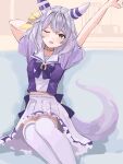  1girl absurdres animal_ears arms_up blush bow bowtie breasts brown_eyes commentary_request ear_covers grey_hair highres hishi_miracle_(umamusume) horse_ears horse_girl horse_tail looking_at_viewer medium_breasts medium_hair midriff_peek one_eye_closed open_mouth pleated_skirt puffy_short_sleeves puffy_sleeves purple_bow purple_bowtie purple_shirt sailor_collar sailor_shirt school_uniform shirt short_sleeves sitting skirt solo stretching summer_uniform tail thighhighs tracen_school_uniform tsurubami_(gaad5227) umamusume white_sailor_collar white_skirt white_thighhighs 