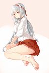  absurdres barefoot batatata77 blush brown_eyes hairband highres japanese_clothes kantai_collection long_hair shoukaku_(kantai_collection) silver_hair smile solo 