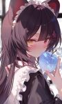  1girl animal_ears apple black_choker blue_apple blush brown_kimono choker commentary dog_ears dog_girl food from_side fruit hair_ornament heterochromia highres holding holding_food holding_fruit inui_toko inui_toko_(1st_costume) japanese_clothes kimono long_hair long_sleeves looking_at_viewer maid_headdress nijisanji nono_i831 red_eyes solo untranslatable_commentary virtual_youtuber yellow_eyes 