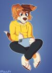 anthro canid canine canis clothing collar crossed_legs domestic_dog ear_piercing ear_ring hoodie male mammal piercing pokatofry ring_piercing sitting smile solo tablet tablet_pen topwear