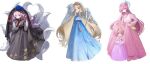  4girls absurdres aemeath_(wuthering_waves) aemeath_(young)_(wuthering_waves) age_comparison alternate_costume black_dress blonde_hair blue_dress blue_eyes blue_hair blue_skirt breasts cartethyia_(wuthering_waves) chima_(clothes) closed_mouth clothing_request colored_inner_hair commentary_request denia_(wuthering_waves) dress dual_persona gloves hair_ornament hands_up highres jeogori_(clothes) kitsune korean_commentary kyuubi large_breasts long_hair long_sleeves looking_at_viewer multicolored_hair multiple_girls multiple_tails open_mouth orange_eyes petals pink_hair pink_petals pink_skirt pointy_ears ponytail purple_skirt red_gloves simple_background skirt smile tacet_mark_(wuthering_waves) tail very_long_hair wakum white_background wuthering_waves 