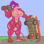  abs barbell bikini cathy_stutz claws clothing dragon female hair horn human hyper hyper_muscles male mammal muscular pants purple_hair scalie shirt size_difference smile solo_focus standing swimsuit tools truck vehicle wheels zp92 