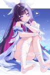  1girl absurdres bare_shoulders barefoot blush bow closed_mouth colored_inner_hair columbina_(genshin_impact) commentary dress feet genshin_impact head_wings heart highres knees_together_feet_apart knees_up leg_ribbon legs long_hair looking_at_viewer multicolored_hair pink_hair purple_eyes purple_hair ribbon ringozaka_mariko sitting smile soles solo spoken_heart thighs toenails toes two-tone_hair very_long_hair white_dress white_ribbon wings 